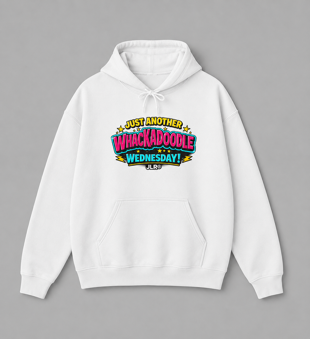 white hoodie with colorful Whackadoodle Wednesday logo