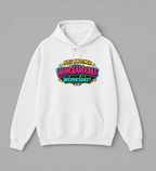 white hoodie with colorful Whackadoodle Wednesday logo