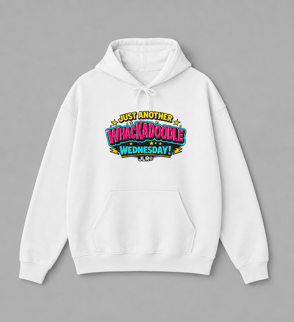 white hoodie with colorful Whackadoodle Wednesday logo