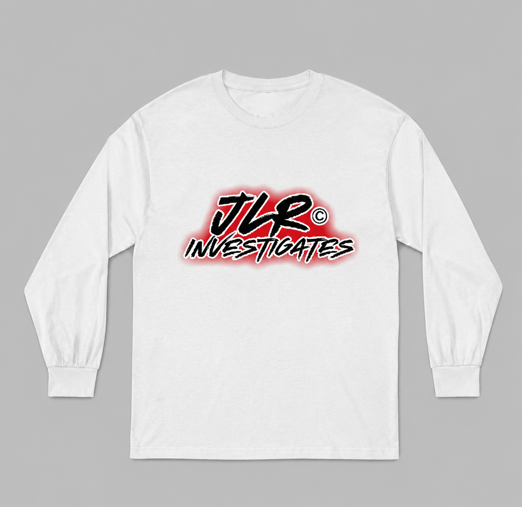 White long sleeve unisex t-shirt featuring bold 'JLR© Investigates' graffiti-style logo in red, white, and black