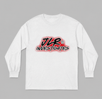 White long sleeve unisex t-shirt featuring bold 'JLR© Investigates' graffiti-style logo in red, white, and black