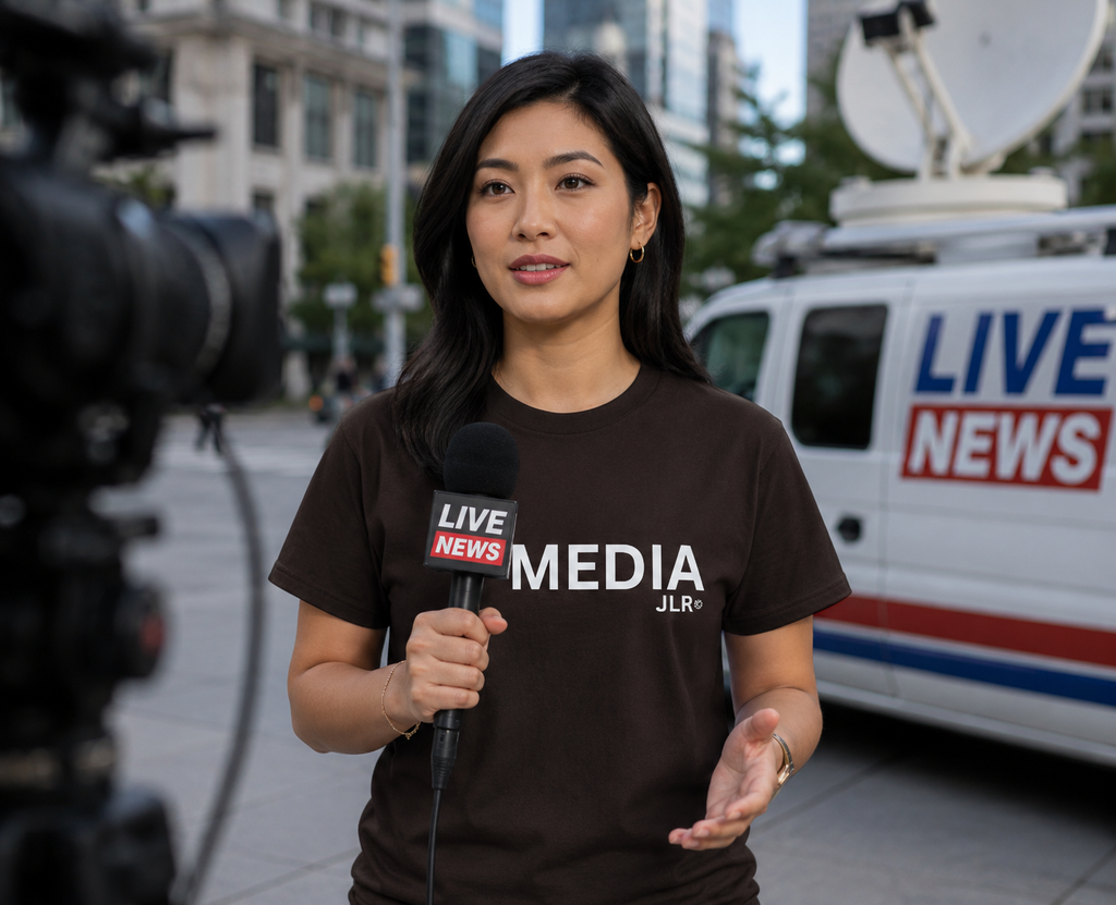 Lifestyle image - asian woman reporter wearing Brown unisex t-shirt with bold white text reading 'MEDIA JLR' — JLR Investigates apparel
