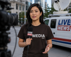 Lifestyle image - asian woman reporter wearing Brown unisex t-shirt with bold white text reading 'MEDIA JLR' — JLR Investigates apparel