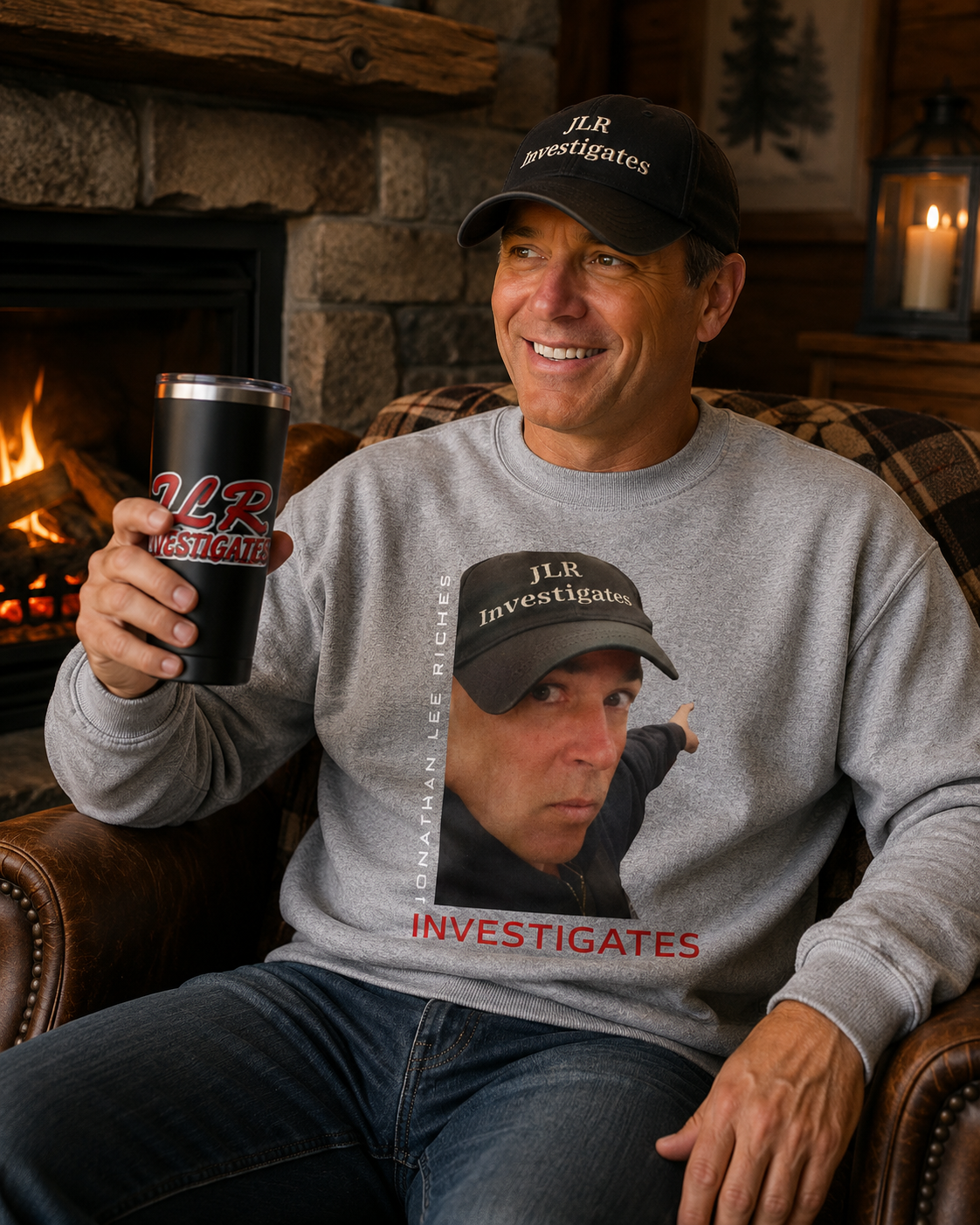 Man sitting by fire wearing Grey unisex crewneck sweatshirt featuring a photo of Jonathan Lee Riches wearing a JLR Investigates cap, with 'Jonathan Lee Riches' in vertical text and 'INVESTIGATES' in bold red lettering on the front