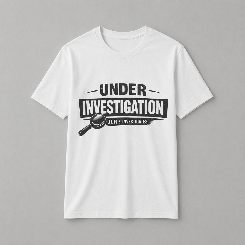 White unisex t-shirt featuring a bold 'Under Investigation — JLR© Investigates' graphic with a magnifying glass icon and black and white banner design