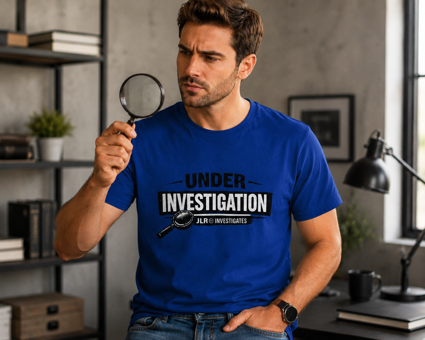 Man holding magnifying glass wearing blue unisex t-shirt featuring a bold 'Under Investigation — JLR© Investigates' graphic with a magnifying glass icon and black and white banner design