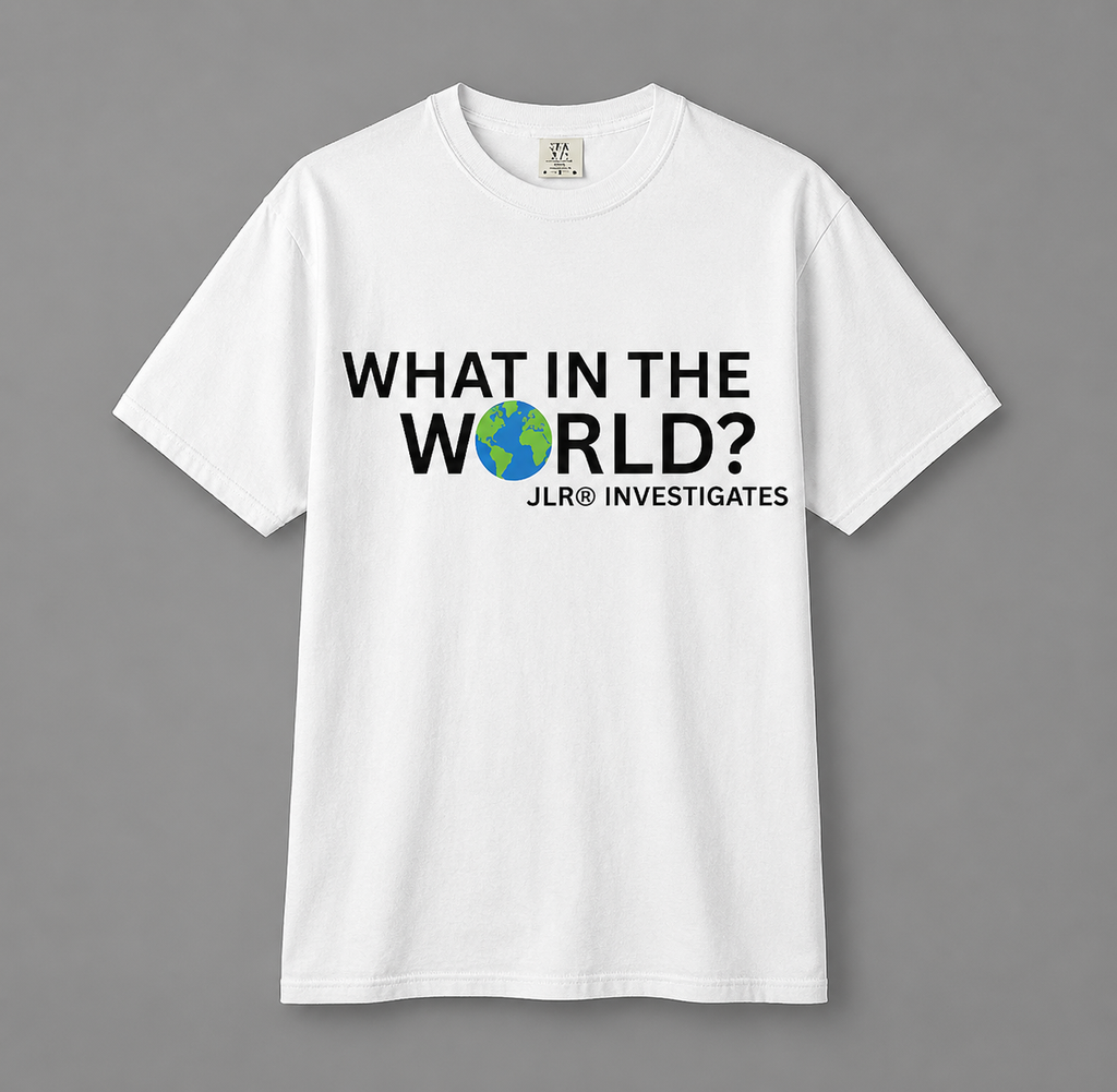 White unisex t-shirt featuring bold black text 'What in the World?' with a globe replacing the 'O' and 'JLR© Investigates' subtext below
