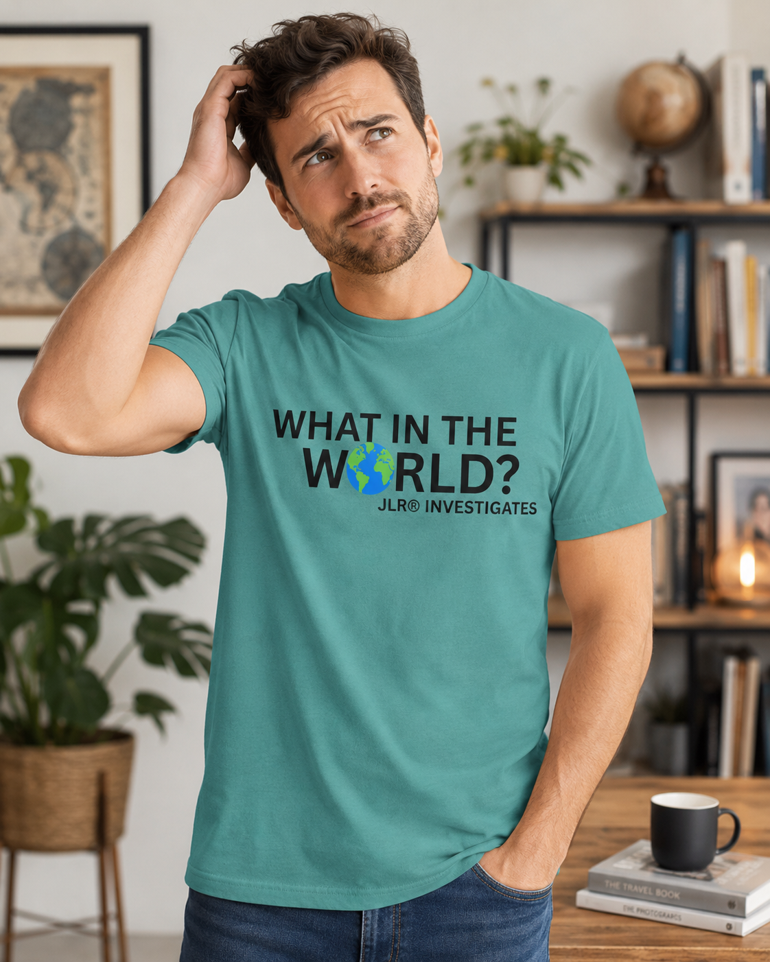 Man wearing seafoam colored unisex t-shirt featuring bold black text 'What in the World?' with a globe replacing the 'O' and 'JLR© Investigates' subtext below