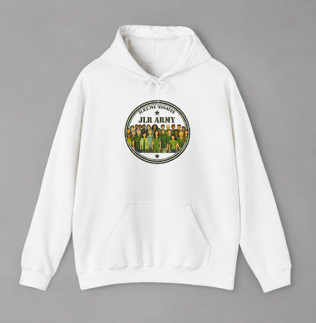 White premium hoodie featuring the JLR© Army circular badge graphic with diverse illustrated figures on the chest