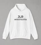 White pullover hoodie with JLR Investigates logo in black
