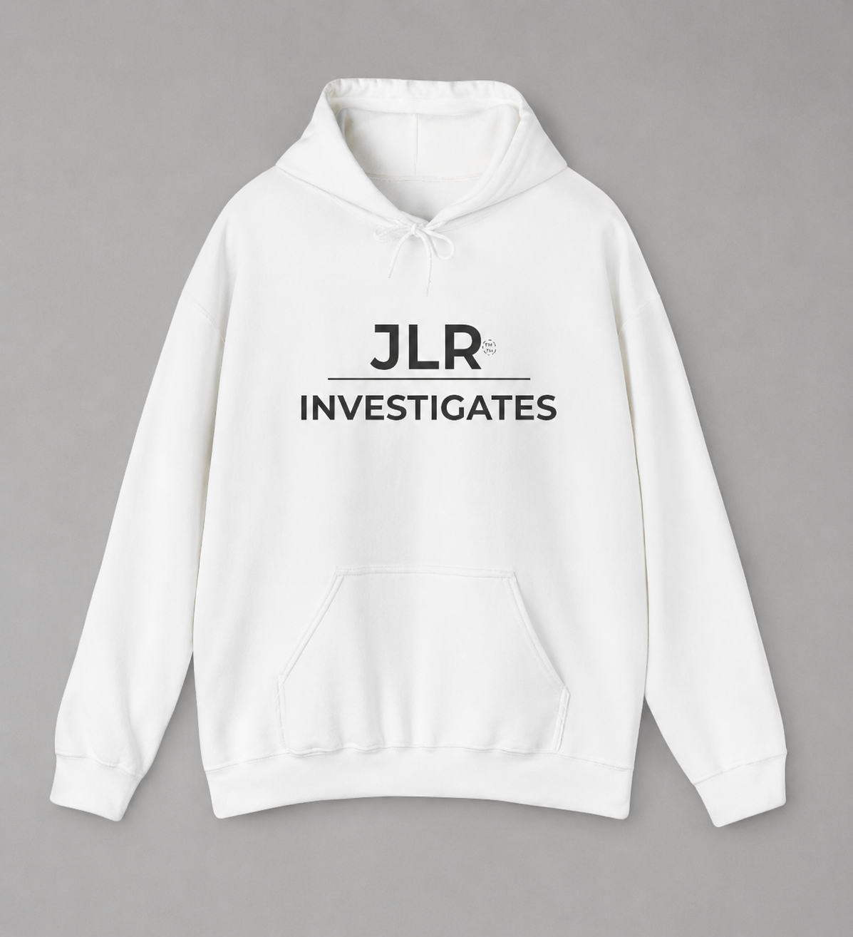 White pullover hoodie with JLR Investigates logo in black