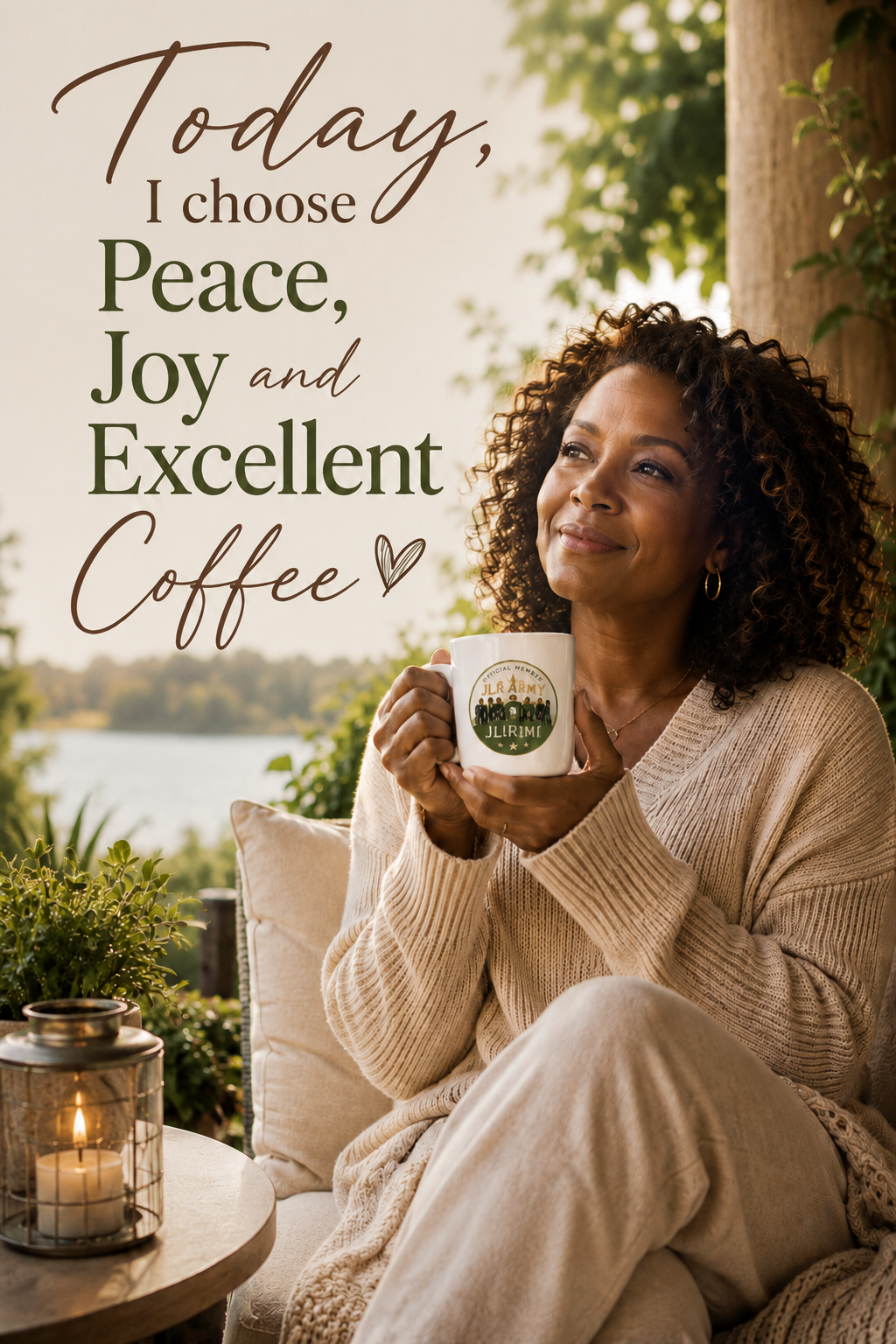 Today is Going to Be an Excellent Coffee Day — woman relaxing outdoors with a coffee cup, Boots on the Grounds branded lifestyle scene