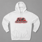 JLR© Bold Logo Hoodie in White — graffiti-style JLR Investigates graphic on a pullover hoodie with kangaroo pocket and adjustable drawstring hood