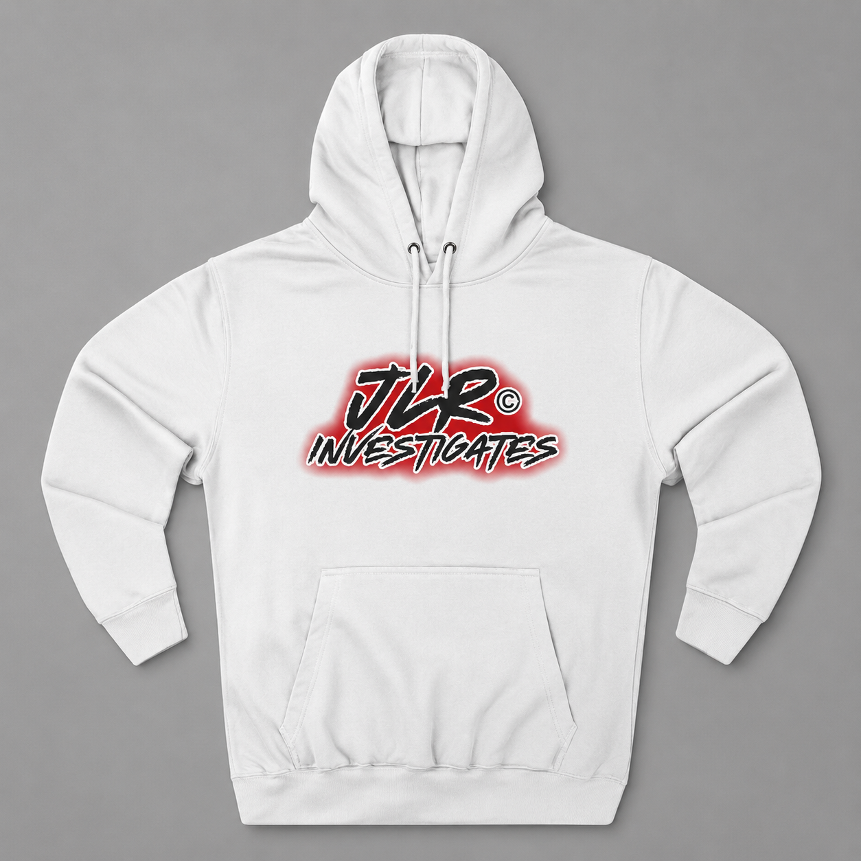 JLR© Bold Logo Hoodie in White — graffiti-style JLR Investigates graphic on a pullover hoodie with kangaroo pocket and adjustable drawstring hood