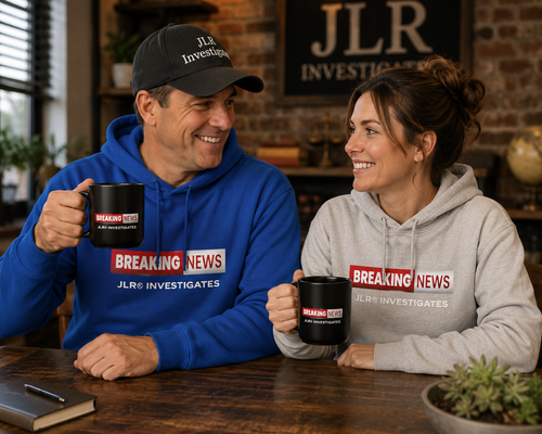 Man and woman wearing royal blue and Heather grey premium hoodie featuring the JLR© Investigates Breaking News logo graphic on the chest