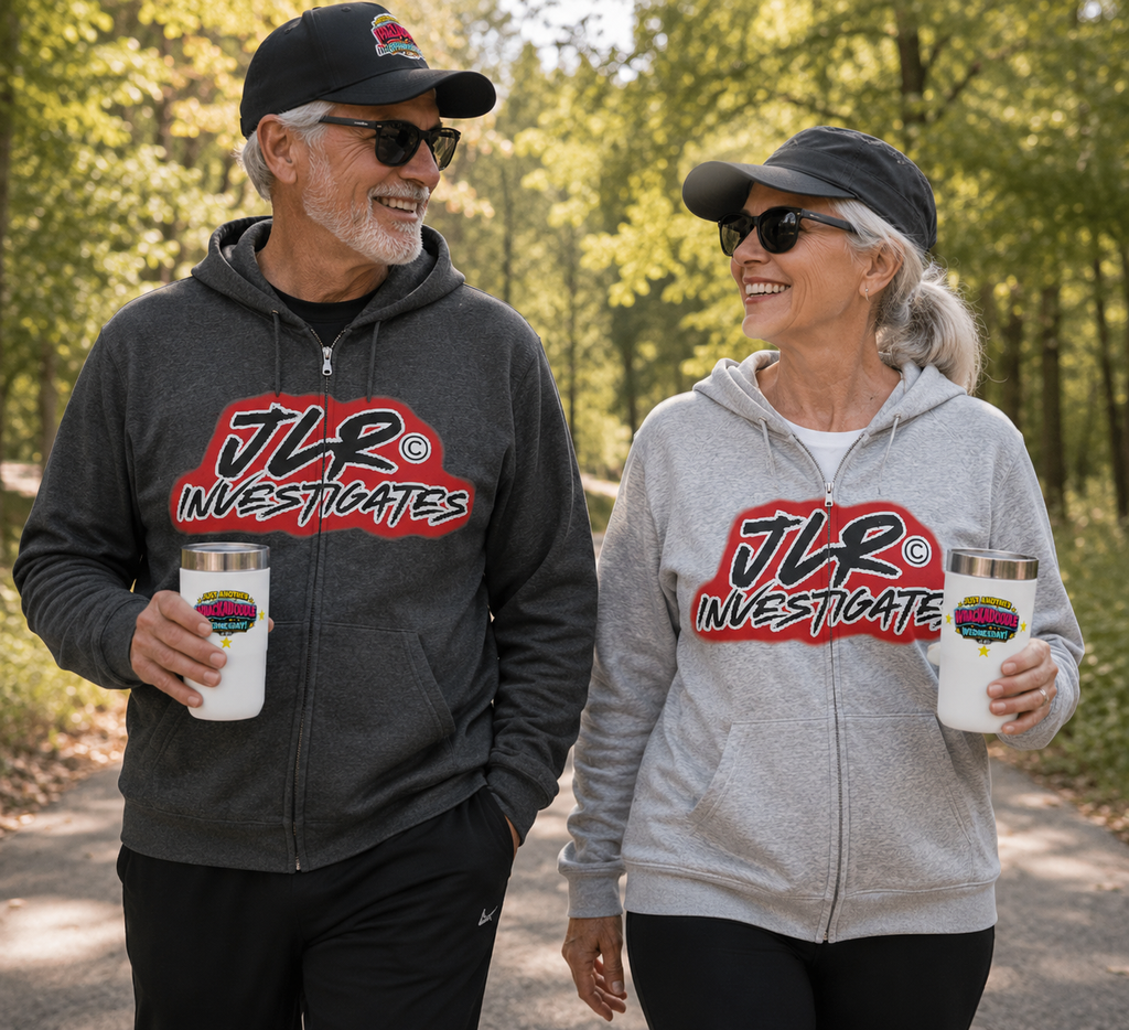 Man and woman walking together, wearing JLR© Investigates grey zip-up hoodies with bold red and white logo graphic on chest — front view