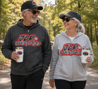 Man and woman walking together, wearing JLR© Investigates grey zip-up hoodies with bold red and white logo graphic on chest — front view