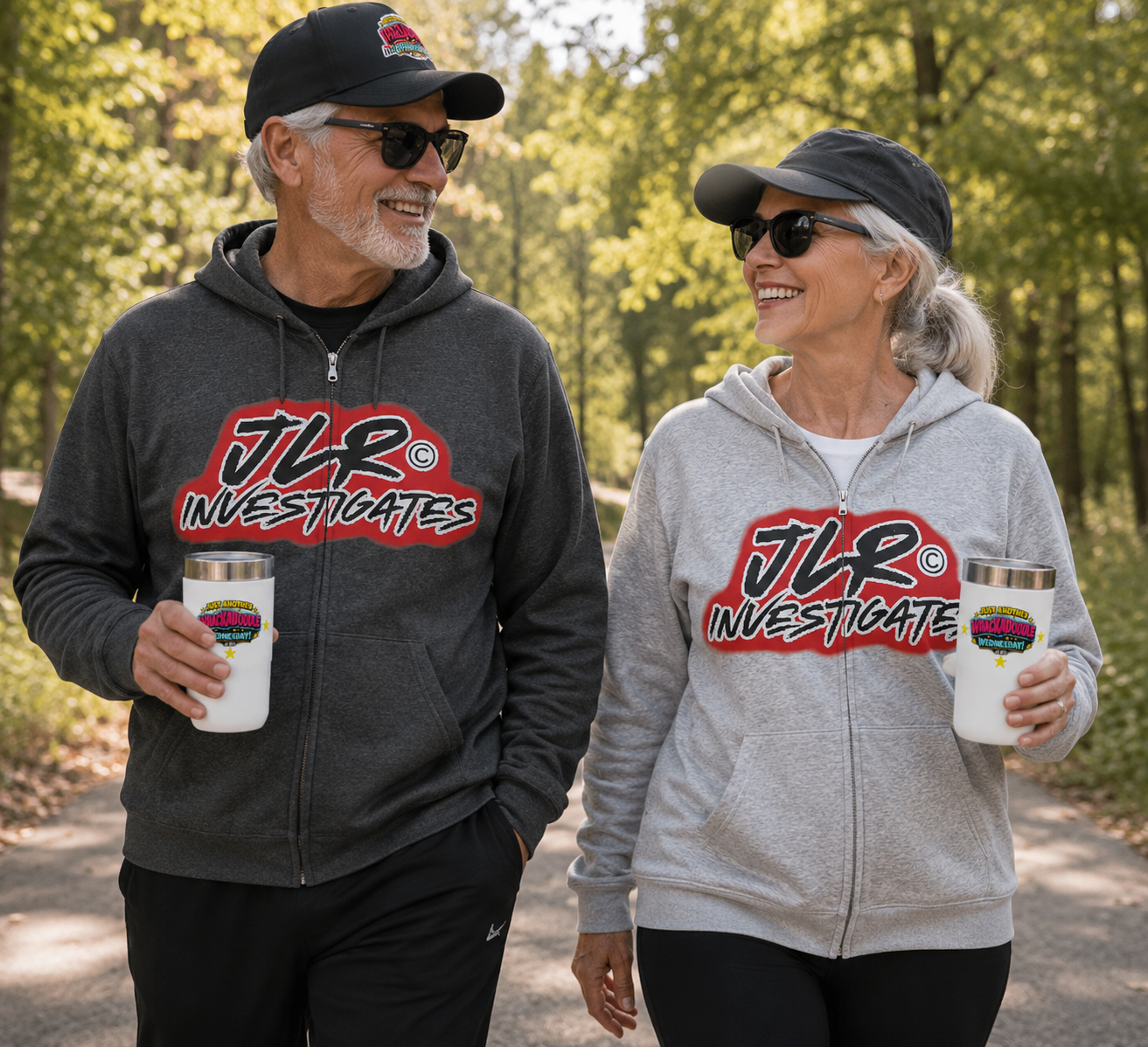 Man and woman walking together, wearing JLR© Investigates grey zip-up hoodies with bold red and white logo graphic on chest — front view