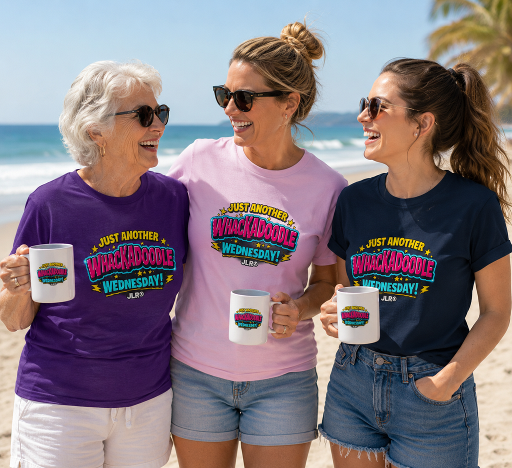 Three woman at beach wearking purple, pink and navy Whackadoodle Wednesday graphic t-shirt — JLR Investigates unisex bold retro tee