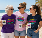 Three woman at beach wearking purple, pink and navy Whackadoodle Wednesday graphic t-shirt — JLR Investigates unisex bold retro tee
