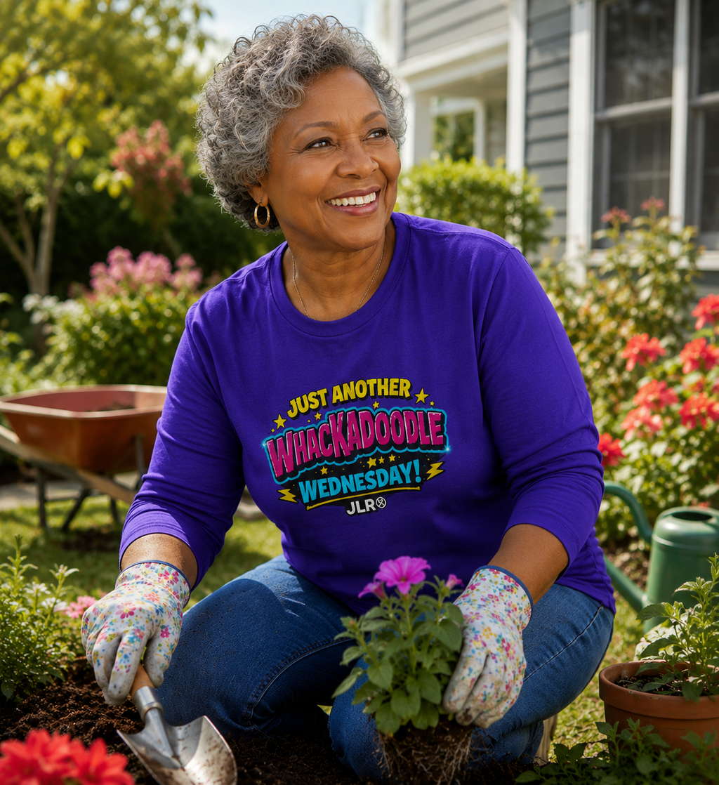 lady gardening wearing Whackadoodle Wednesday long sleeve graphic shirt in royal blue — JLR Investigates unisex cotton tee