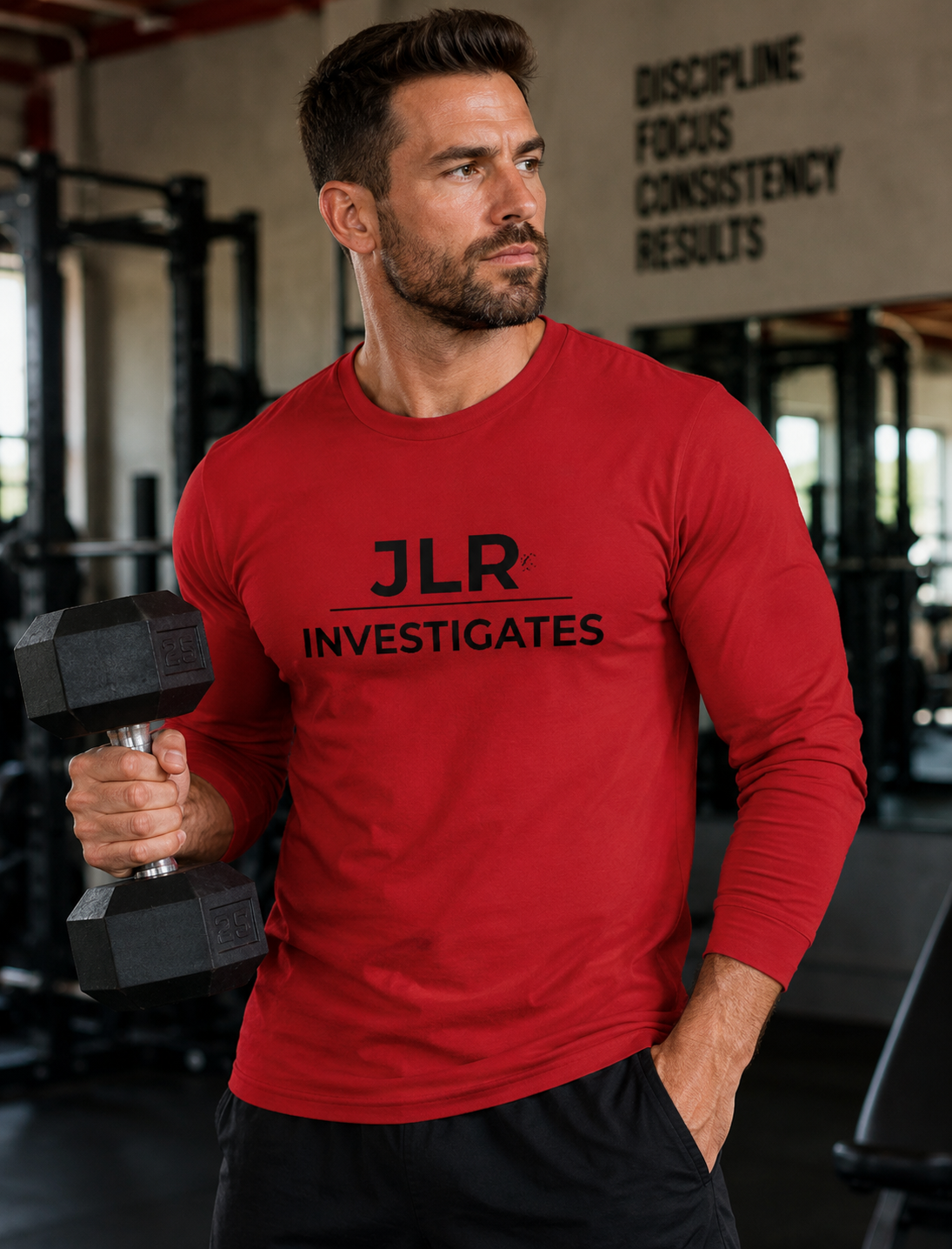 Man in gym wearing Red long sleeve unisex t-shirt featuring minimalist black 'JLR© Investigates' text with underline on the front