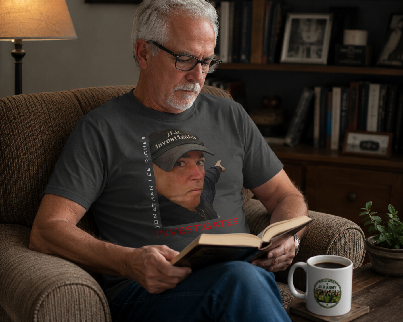 Man reading wearing Pepper colored t-shirt with a graphic of a person wearing a cap and text 'Jonathan Lee Riches Investigates' on a white background