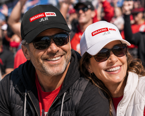 Two people wearing Breaking News! JLR© Investigates Baseball Hats in a crowd