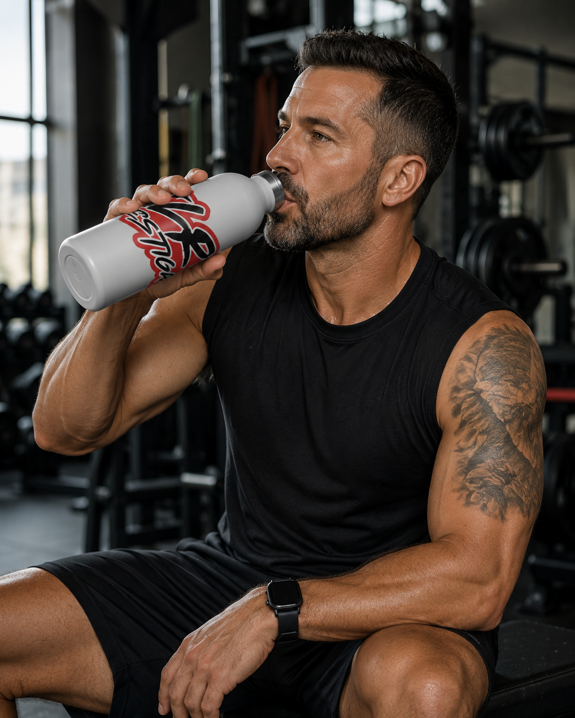 man in gym with JLR Investigates 20oz insulated water bottle — bold red and black JLR Investigates graffiti-style graphic — white stainless steel — JLR Investigates