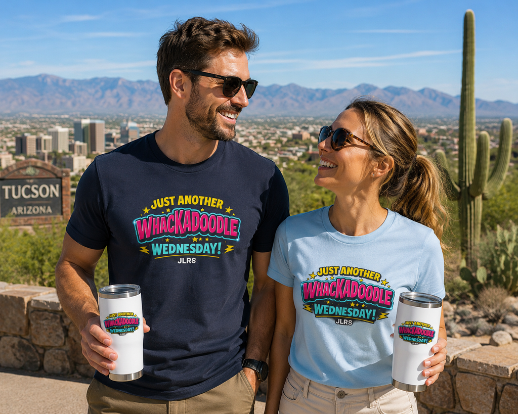 Man and woman wearing Just Another Whackadoodle Wednesday t shirts and holding thermos — bold JLR Investigates branded tumbler — JLR Investigate