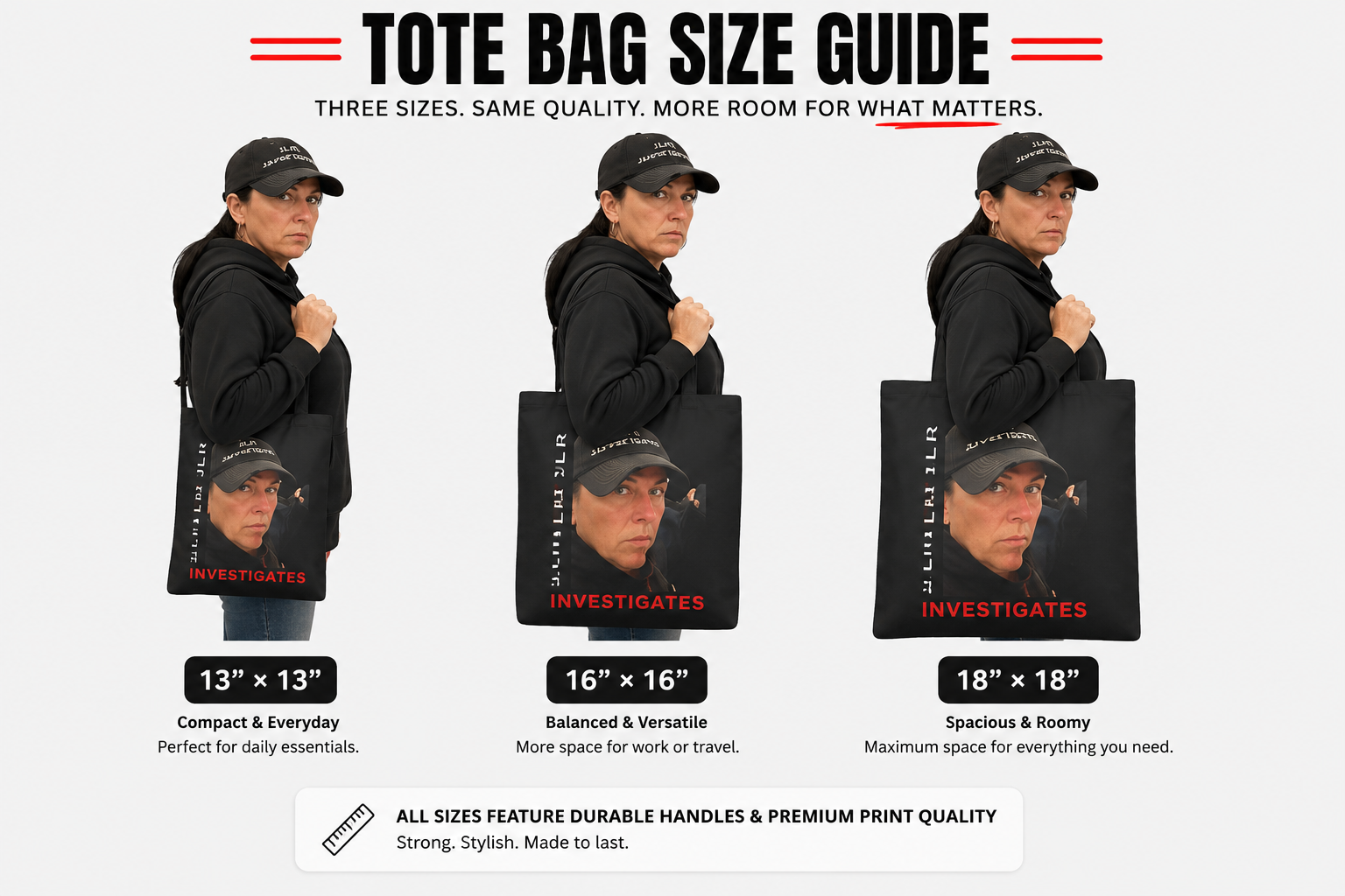 Tote bag size guide — 13×13 compact, 16×16 balanced, 18×18 spacious — all sizes shown on model with JLR© Investigates print — JLR© Investigates
