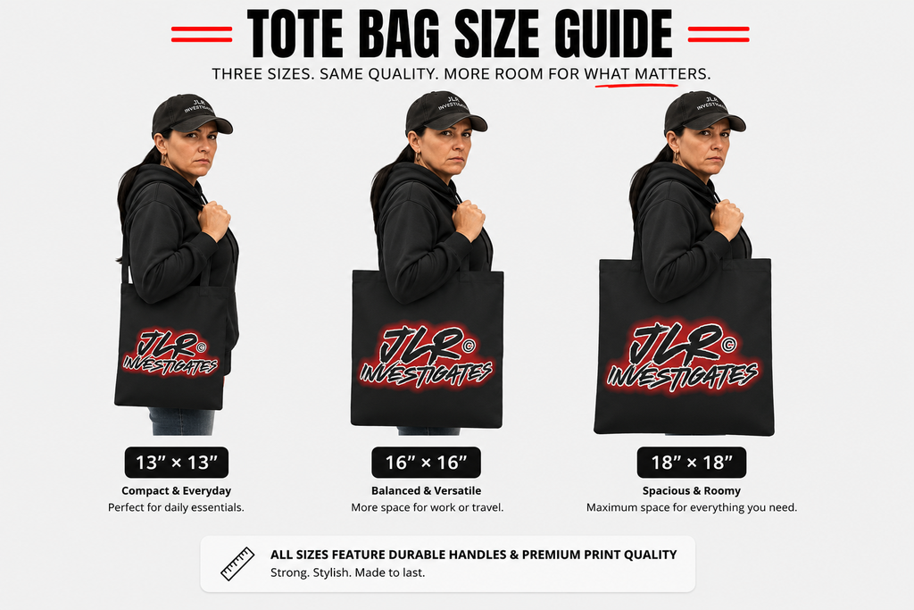 Tote bag size guide with three sizes and corresponding dimensions, featuring a person holding each size.