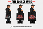 Tote bag size guide with three sizes and corresponding dimensions, featuring a person holding each size.