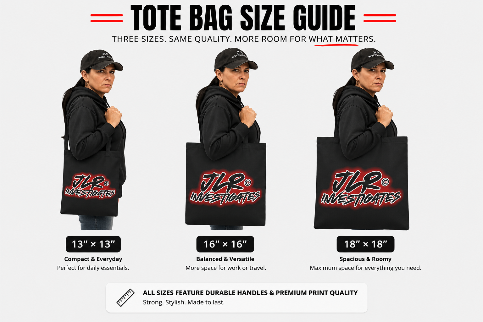 Tote bag size guide with three sizes and corresponding dimensions, featuring a person holding each size.