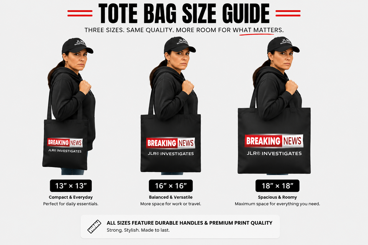 Tote bag size guide with three sizes and a person holding each size.