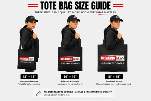 Tote bag size guide with three sizes and a person holding each size.