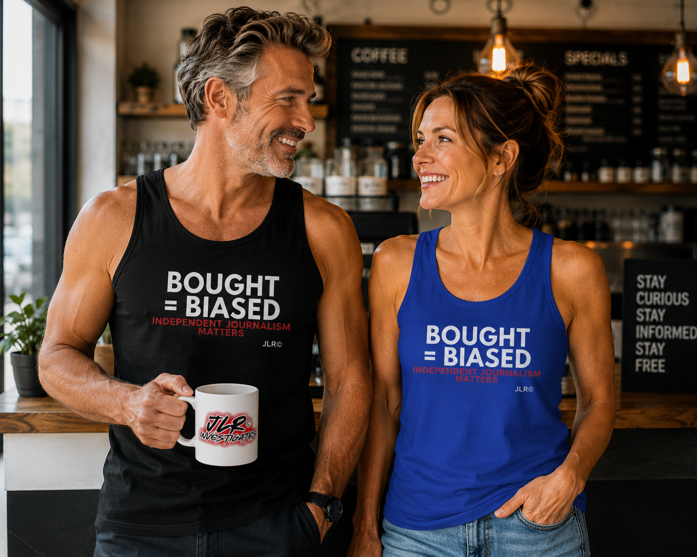 black and royal blue lifestyle image--independent journalism tank top JLR Investigates