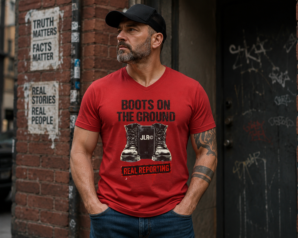 Lifestyle image red unisex t-shirt with bold black graphic reading 'Boots on the Ground' featuring a boot graphic and JLR Investigates branding