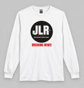 White long-sleeve shirt featuring the JLR© Investigates logo and red “BREAKING NEWS!” graphic, displayed front-facing on a light grey background.