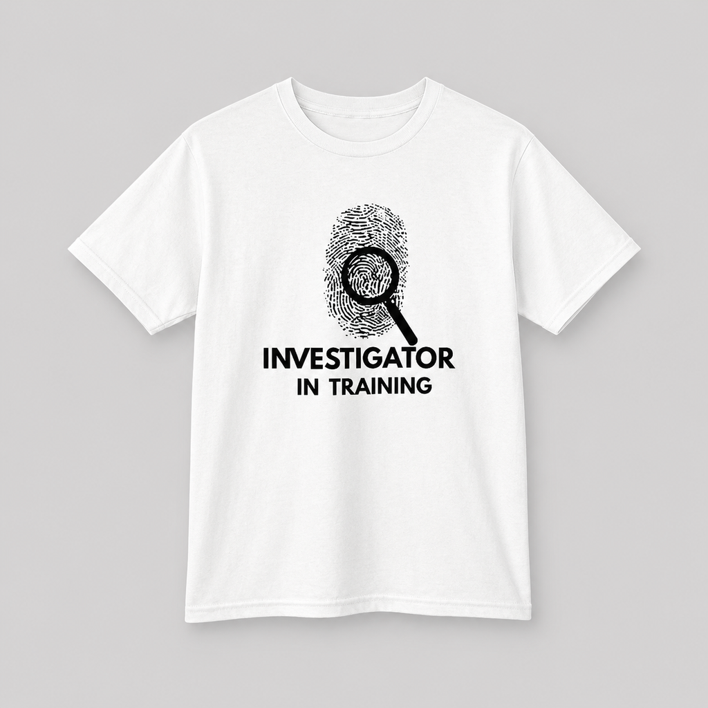 Investigator in Training Kids T-Shirt in White with fingerprint and magnifying glass design by JLR© Investigates — youth short sleeve tee