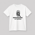 Investigator in Training Kids T-Shirt in White with fingerprint and magnifying glass design by JLR© Investigates — youth short sleeve tee