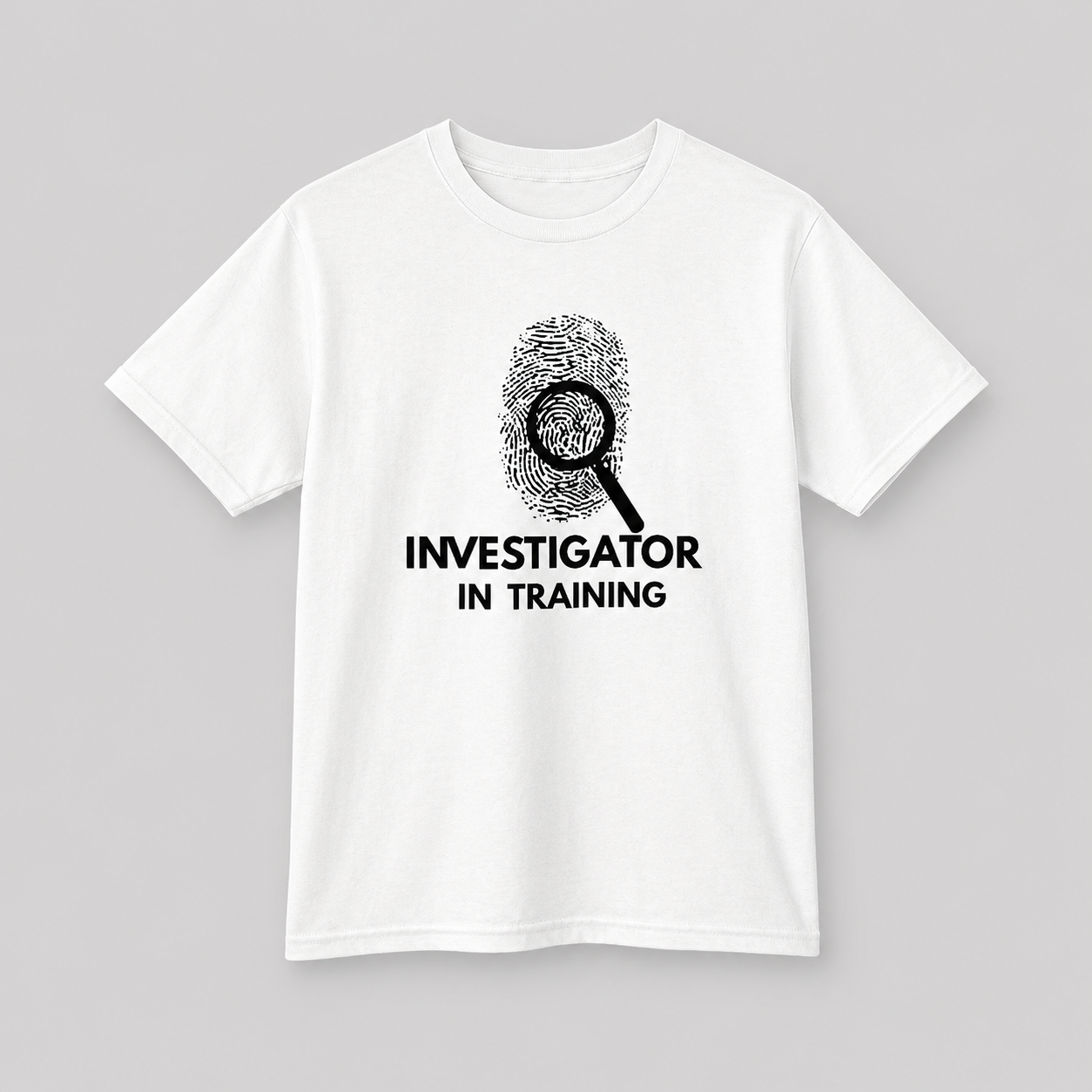 Investigator in Training Kids T-Shirt in White with fingerprint and magnifying glass design by JLR© Investigates — youth short sleeve tee