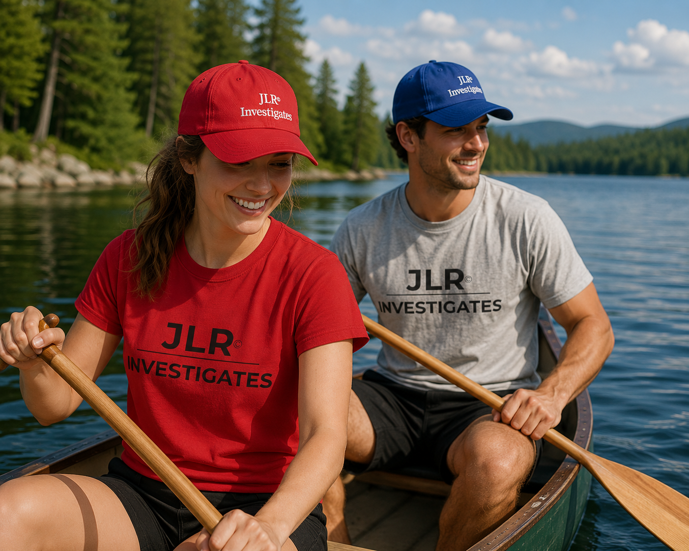 couple in canoe wearing JLR Investigates simple red and grey t shirt and red and blue baseball hats