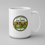JLR© Army Official Member 15 oz white ceramic mug with circular seal graphic, handle on left