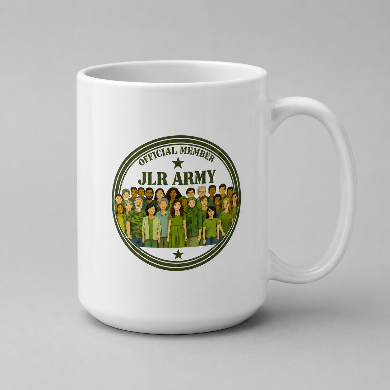 JLR© Army Official Member 15 oz white ceramic mug with circular seal graphic, handle on left
