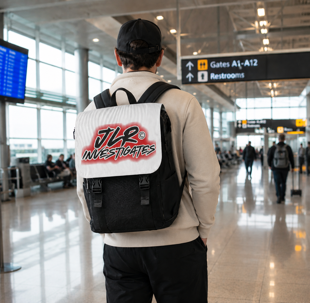 Person wearing a backpack with 'JLR Investigates' logo in an airport terminal.