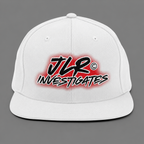 White JLR© Investigates snapback hat with bold red and black logo on front panel, structured crown, flat brim, front view