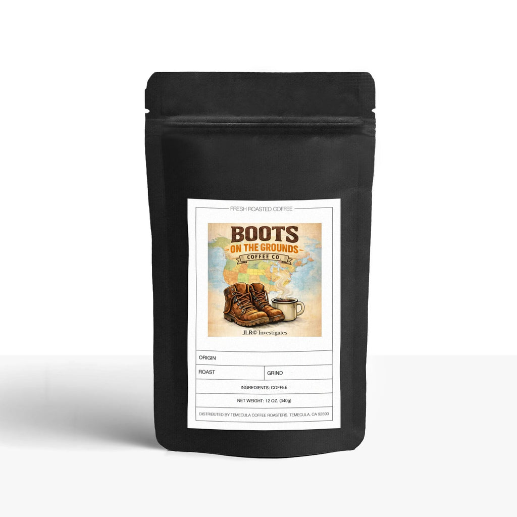 Boots on the Grounds House Blend coffee, black bag with vintage boots label — smooth medium roast blend | JLR© Investigates