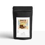 Boots on the Grounds House Blend coffee, black bag with vintage boots label — smooth medium roast blend | JLR© Investigates
