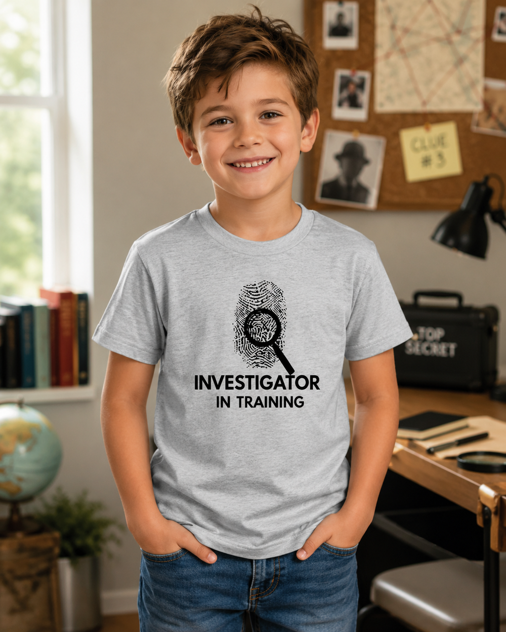 Young boy wearing the JLR© Investigator in Training Kids T-Shirt in Sport Grey, styled in a warm indoor setting with detective-themed decor

